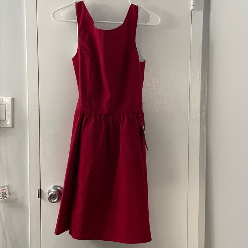 Red seersucker dress.